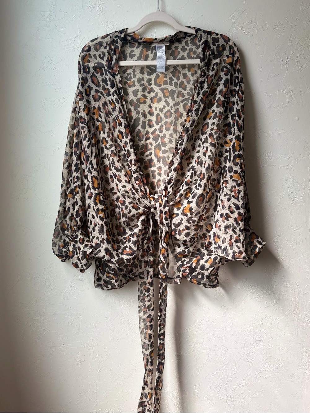 Free People Leopard Print Tie Front Sheer Kimono One Size